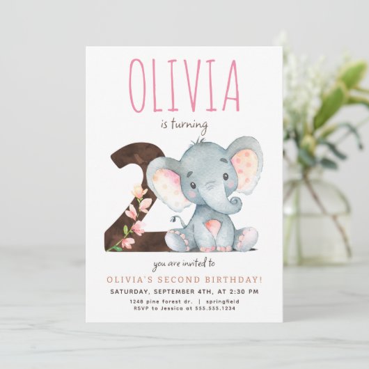 Roze Olifant Tweede Verjaardag uitnodiging (Staand voorkant)