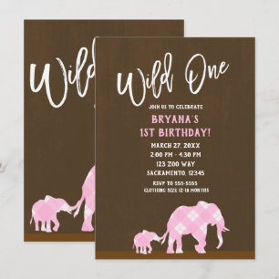 Roze Olifanten Bruine Moderne WILD ONE 1ste Verjaa Kaart