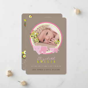 Roze Olifanten Familie Baby Meisje Foto Geboorte Aankondiging