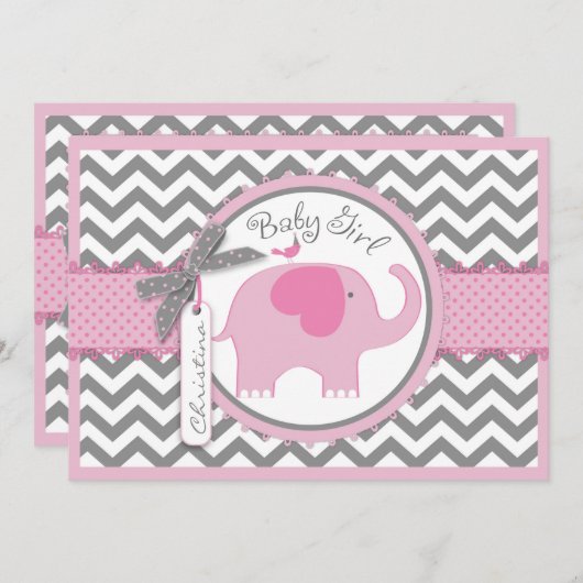 Roze olifantenvogel en Chevron Print Baby shower Kaart (Voorkant / Achterkant)