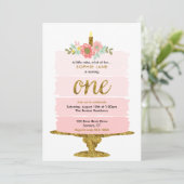 Roze ombre Cake First Birthday Glitter Invitation Kaart (Staand voorkant)