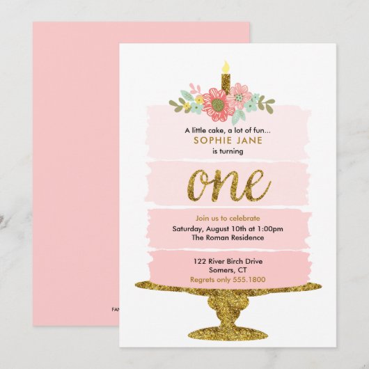 Roze ombre Cake First Birthday Glitter Invitation Kaart (Voorkant / Achterkant)