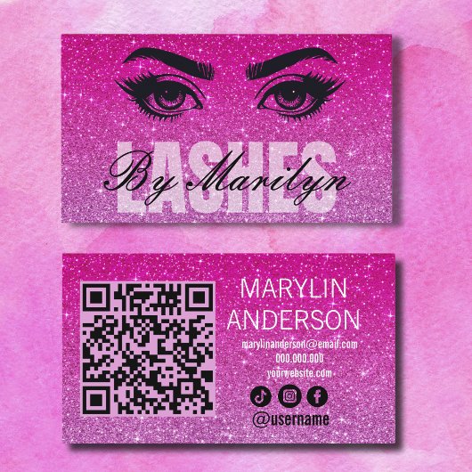 Roze Ombre Glitter Lash Technician Scan QR-code Visitekaartje