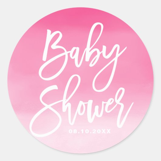 Roze Ombre Hand Lettered Aangepaste Baby Shower Ronde Sticker (Voorkant)
