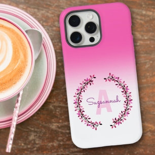 Roze Ombre Krans Omcirkelde Monogram Naam iPhone 15 Pro Max Hoesje