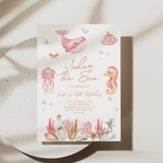 Roze 'Onder de Zee' verjaardagsuitnodiging  Kaart