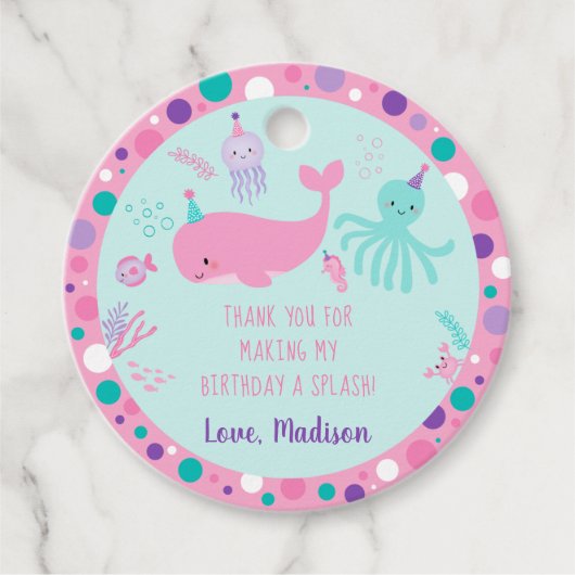 Roze onder het Zee Nautical Whale Birthday Bedankjes Labels (Voorkant)