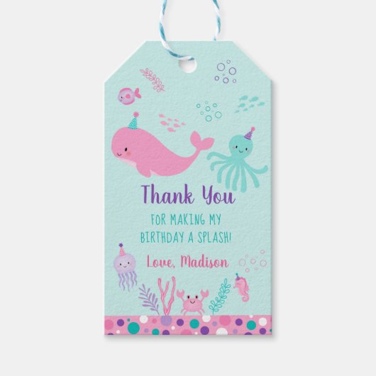Roze onder het Zee Nautical Whale Birthday Cadeaulabel (Voorkant)