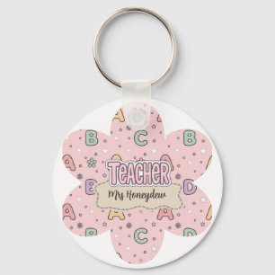Roze Onderwijzer School Letters Patroon Sleutelhanger