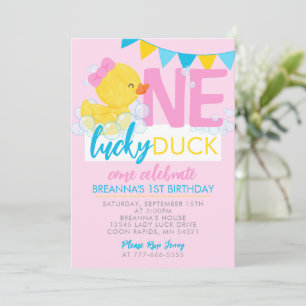 Roze One Lucky Duck Girl Rubber Duck 1e verjaardag Kaart