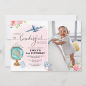 Roze ONEderful World Foto First Birthday Kaart (Voorkant)