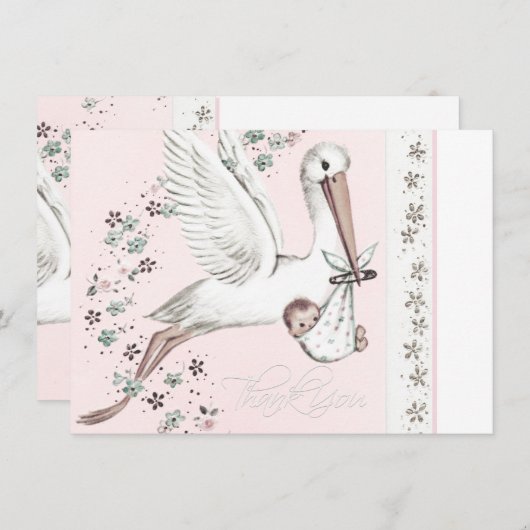  Roze Ooievaar Baby shower Dank u Bedankkaart (Voorkant / Achterkant)