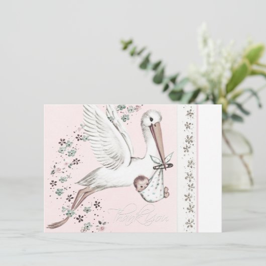 Roze Ooievaar Baby shower Dank u Bedankkaart (Staand voorkant)