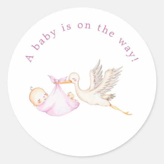 Roze Ooievaar Baby Shower Ronde Sticker (Voorkant)