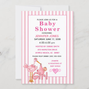 Roze ooievaar met Baby bundel Baby shower uitnodig Kaart