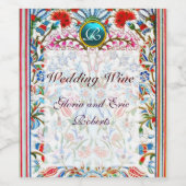 ROZE OOSTERSE BLOEMEN DAMASK BLUE GEM MONOGRAM WIJN ETIKET (Enkel label)