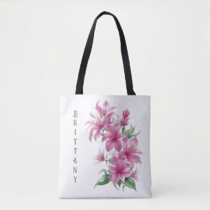 Roze oosterse lelie bloemen gepersonaliseerd draagtas