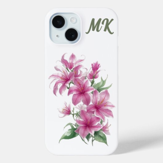 Roze Oosterse Lelie Bloemen Monogram Telefoon Case (Achterkant)