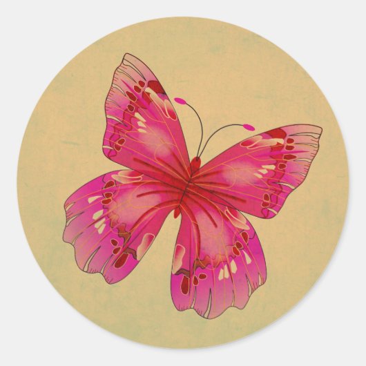 Roze oosterse  vlinderkunst ronde sticker (Voorkant)