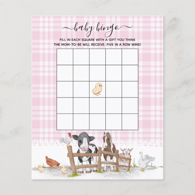 Roze op de boerderij dieren Baby shower bingo spel (Voorkant)