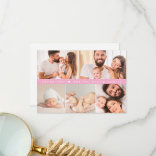 Roze op maat gemaakte fotocollage baby shower bedankkaart