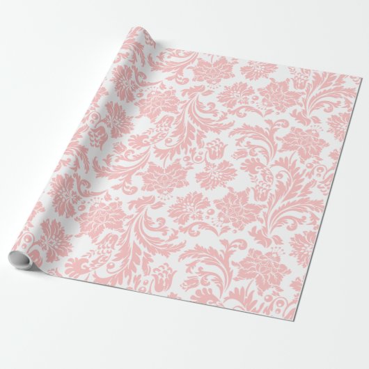 Roze op Phite  Damasks Pattern Cadeaupapier (Uitgerold)
