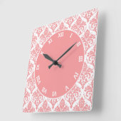 Roze op White Damask Vierkante Klok (Hoek)