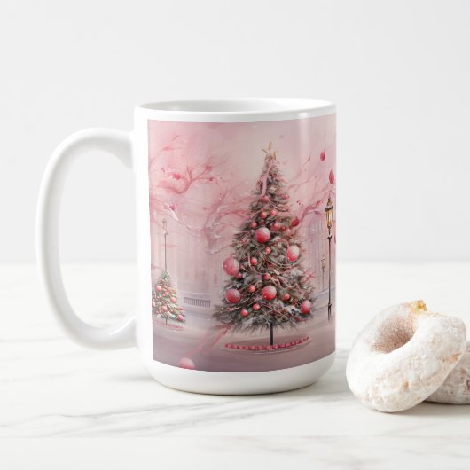 Roze Openlucht Kerstmisscène Koffiemok (Met donut)