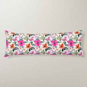 Roze Oranje Aquarel Bloemen Groene Bladeren Wit Lichaamskussen