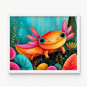 Roze Oranje Axolotl Bloemenschildering Poster