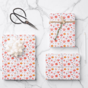 Roze & Oranje Bloemen op Wit Inpakpapier Vel