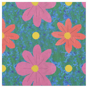 Roze Oranje Bloemen Stippen, Blauwe Groene Stof