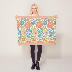 Roze & Oranje Bloemen, Vintage Grafische Kunst Fleece Deken