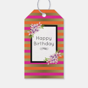 Roze, Oranje en Faux metalen strips met Floral Cadeaulabel