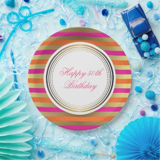 Roze, Oranje en Faux metalen strips Papieren Bordje (Feest)