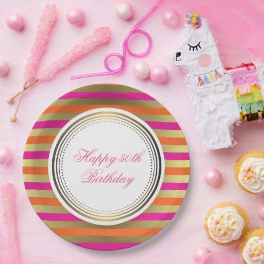 Roze, Oranje en Faux metalen strips Papieren Bordje (Feest)