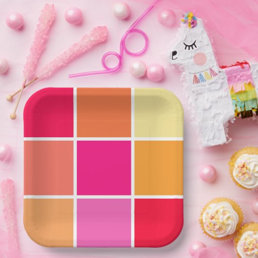 Roze, Oranje en gele vierkantjes Papieren Bordje (Feest)