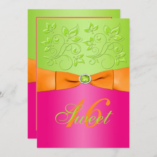 Roze, Oranje en groene zoete zestien uitnodiging (Voorkant / Achterkant)