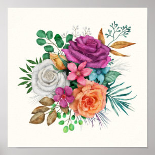 Roze, Oranje en witte rozen Floral Bouquet Poster