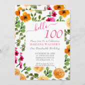 Roze Oranje Floral Elegant Script 100th Birthday Kaart (Voorkant / Achterkant)