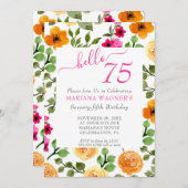 Roze Oranje Floral Elegant Script 75th Birthday Kaart (Voorkant / Achterkant)