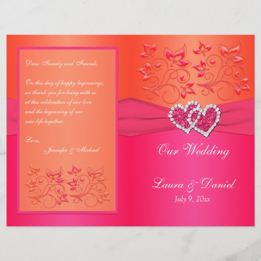 Roze Oranje Floral, Hearts Wedding Programme (Voorkant)
