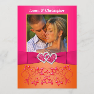 Roze, Oranje Floral verbonden harten PHOTO uitnodi Kaart
