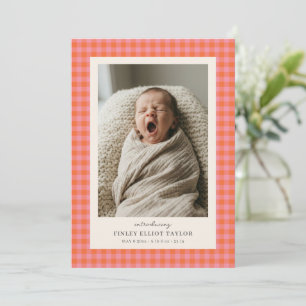 Roze Oranje Gingham Geruite Pasgeboren Foto Baby G Aankondiging