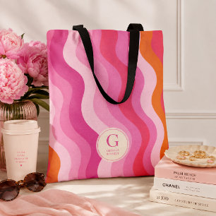 Roze Oranje Golven Gepersonaliseerde Monogram Tote Draagtas