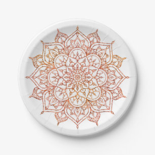 Roze & Oranje Mandala op Witte Glam Papieren Bordje
