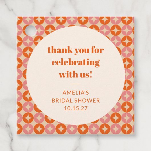 Roze Oranje Mid Century Custom Bruiloft Dank Bedankjes Labels (Voorkant)