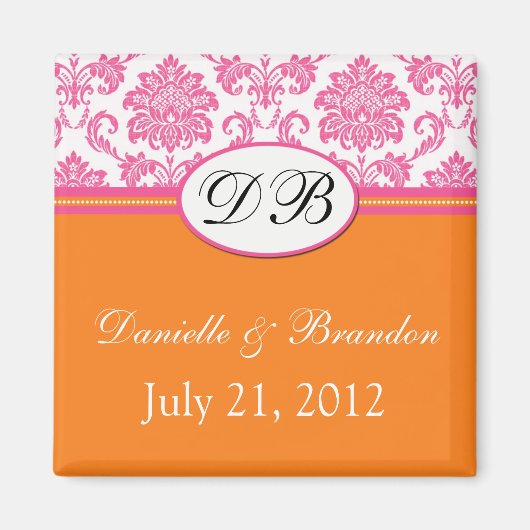 Roze Oranje Monogram Damask Wedding Magnet Magneet (Voorkant)