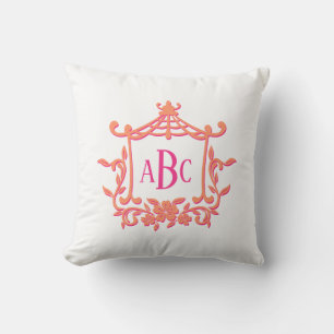 Roze Oranje pagode Bloem Lijst Monogram Initiaal Kussen