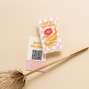 Roze Oranje QR Code Groovy Geruite Bloemige Meisje Visitekaartje